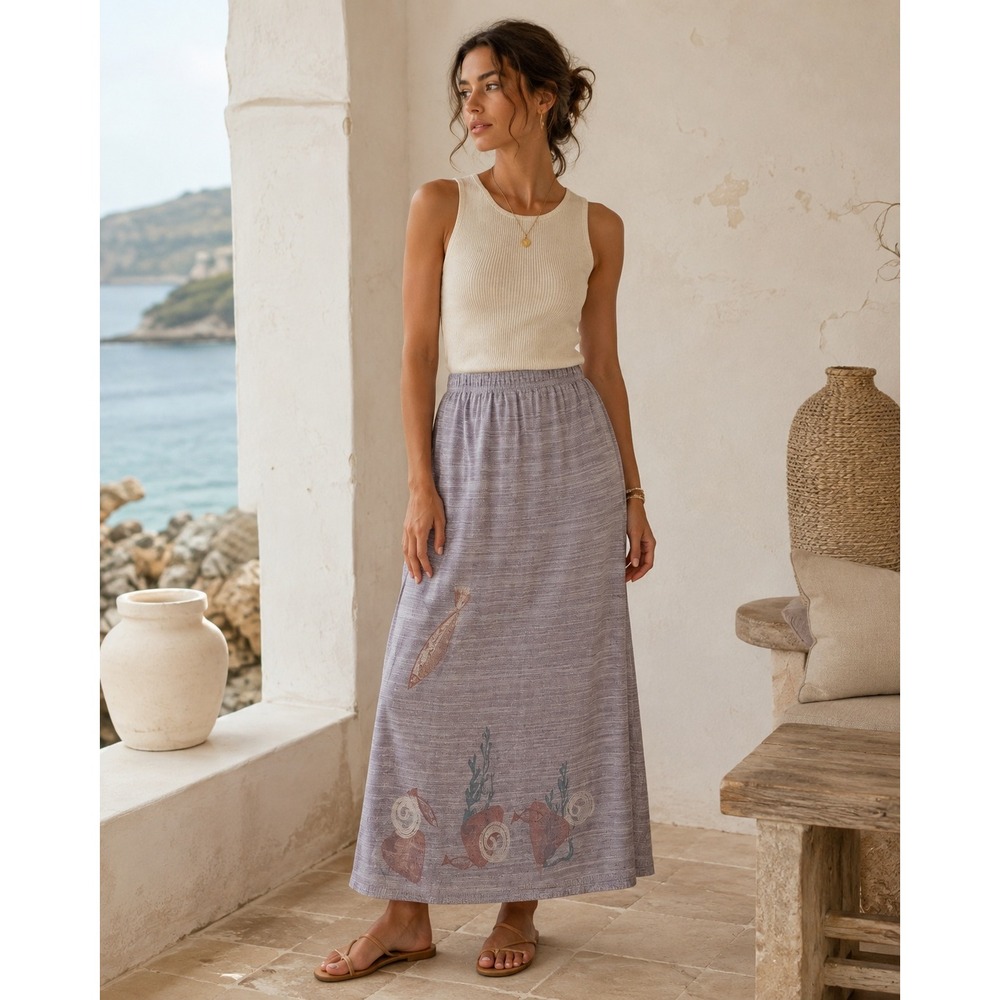 Vintage Blue Fish Art To Wear Maxi Skirt Seashell Fish Coastal Boho M-XL Artisan